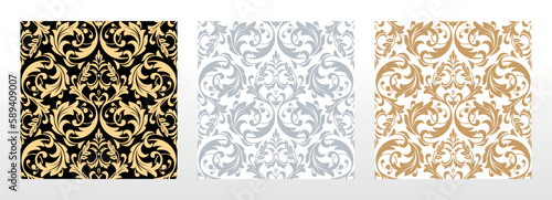 Wallpapers in the style of Baroque. Seamless vector backgrounds. Set of colored floral ornaments. Graphic patterns for fabric, wallpaper, packaging. Ornate Damask flower ornaments