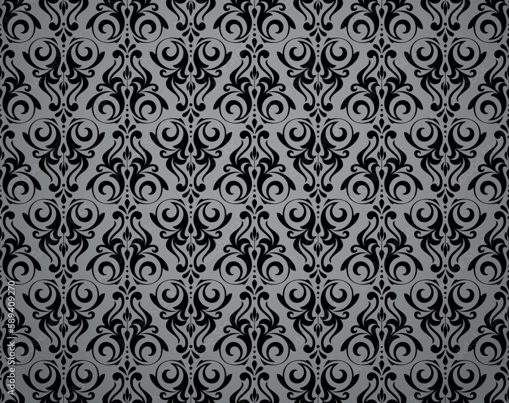 Wallpaper in the style of Baroque. Seamless vector background. Black and gray floral ornament. Graphic pattern for fabric, wallpaper, packaging. Ornate Damask flower ornament Wallpaper in the style of Baroque. Seamless vector background. Black and gray floral ornament. Graphic pattern for fabric, wallpaper, packaging. Ornate Damask flower ornament