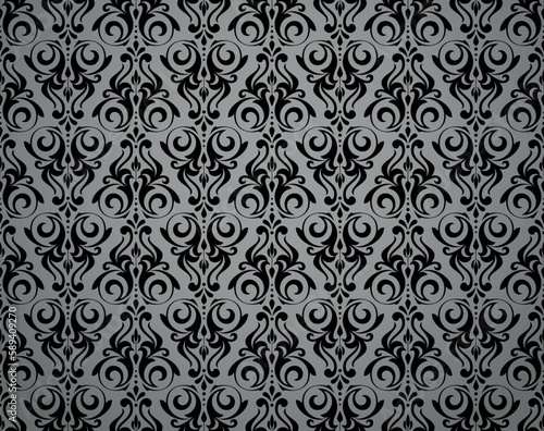 Wallpaper in the style of Baroque. Seamless vector background. Black and gray floral ornament. Graphic pattern for fabric, wallpaper, packaging. Ornate Damask flower ornament