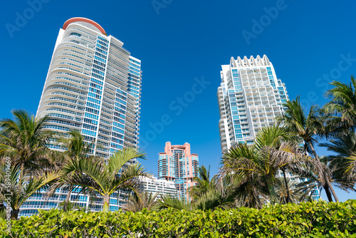 Modern skyscrapers on blue sky with palms and hedge bottom view in South Beach, USA. © be free