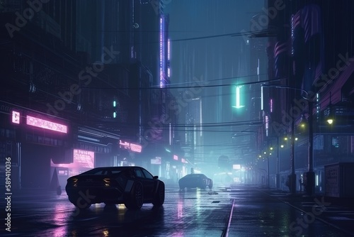 Cyberpunk streets illustration futuristic city neon light. Generative AI