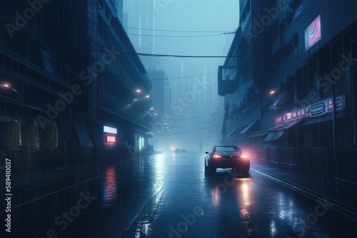 Cyberpunk streets illustration futuristic city neon light. Generative AI © NENUMI