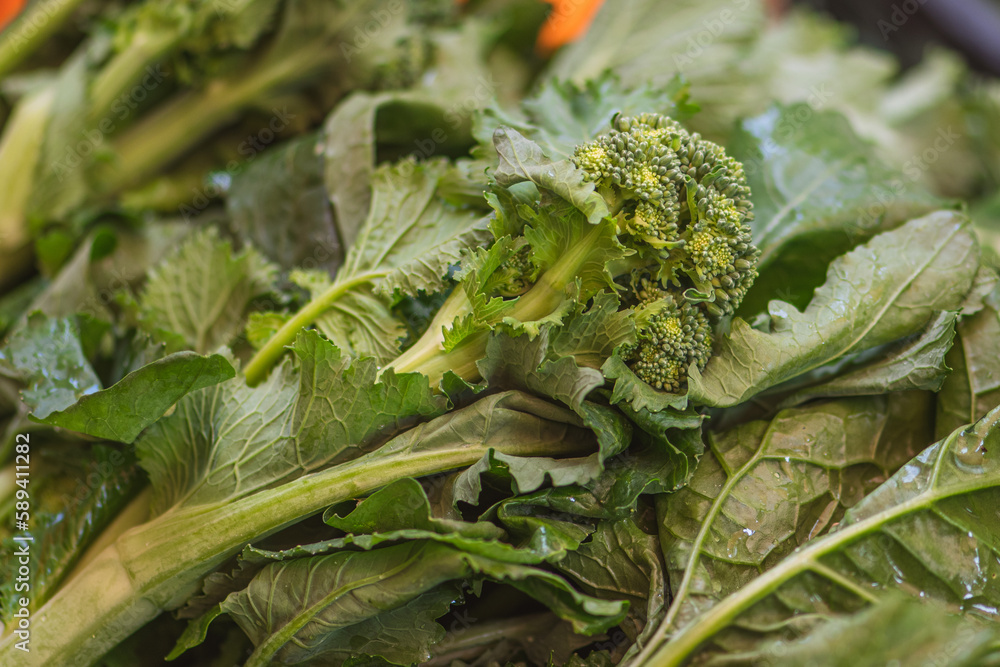 Cime di rapa, turnip greens, rapini or broccoli rabe in a street food ...