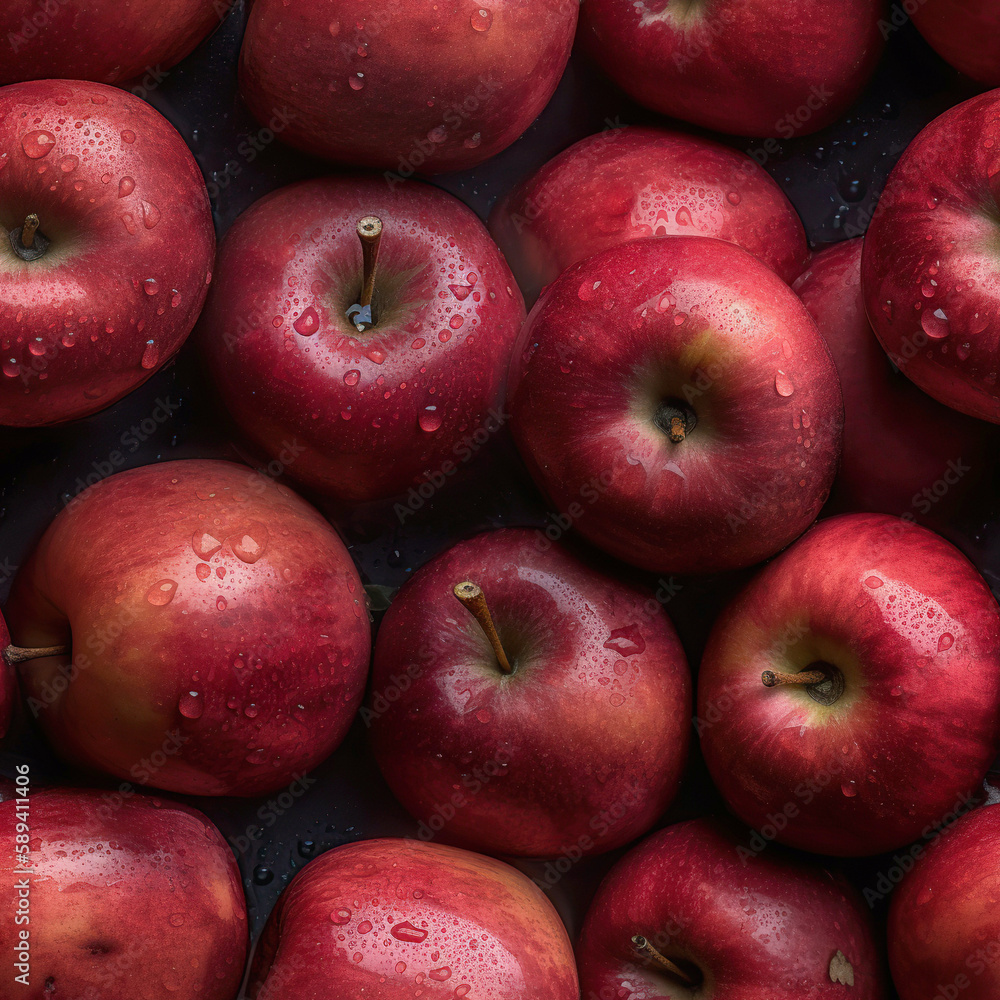 Seamless pattern with beautiful ripe and delicious red apples. Juicy fruits endless texture. Organic vitamin food background. Generated with AI. Seamless pattern with beautiful ripe and delicious red apples. Juicy fruits endless texture. Organic vitamin food background. Generated with AI.