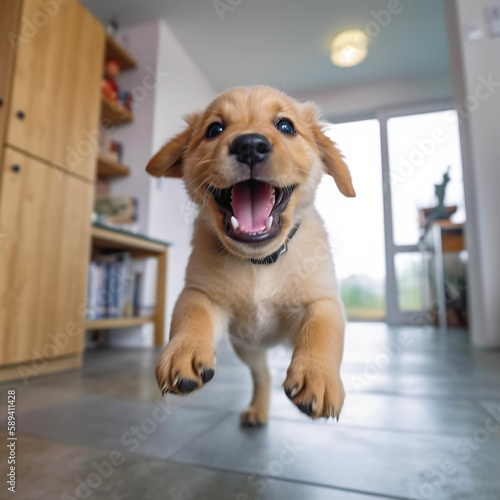 Happy cute puppy running towards camera. Low angle view. Cozy indoor background. Generated with AI. © Sunny_nsk