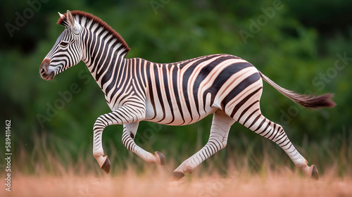 Beautiful galloping zebra in outdoor nature background. Wildlife illustration. Generated with AI.