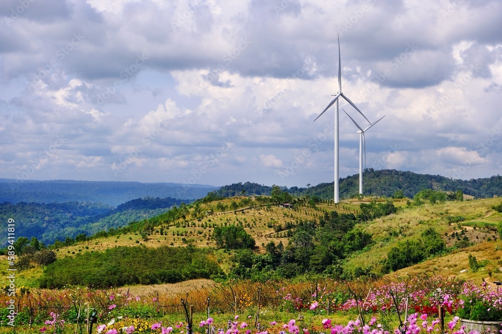 A scenic view of a windmill farm along a mountain top with colorful flower fields in the foreground and blue sky and fluffy clouds in the background. Wind turbine with large propellers.