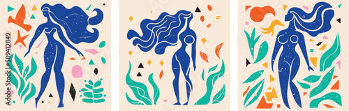 Matisse-inspired modern posters with abstract woman, branches and geometric shapes. Set of contemporary wall art. Colored flat vector illustrations of  artworks with people and leaves 