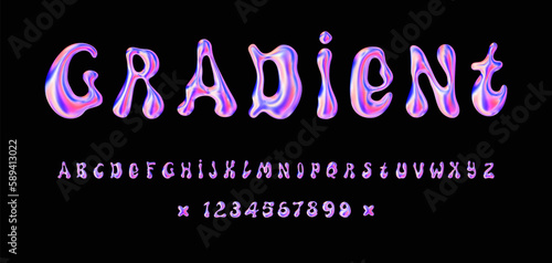 Holographic y2k font liquid. 3d bubble hologram alphabet. Iridescent holo vector letter for y2k design. Groovy vector illustration