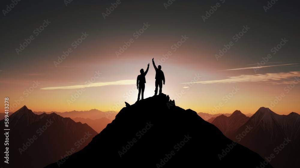 Silhouette of two travelers or hikers standing together on the top of the mountain with a dusk sky and enjoying the moment of success. AI-generated.