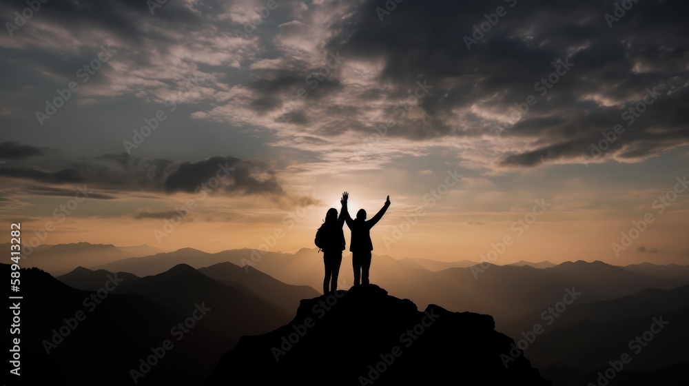 Silhouette of two travelers or hikers standing together on the mountain with a dusk sky and enjoying the moment of success. AI-generated.
