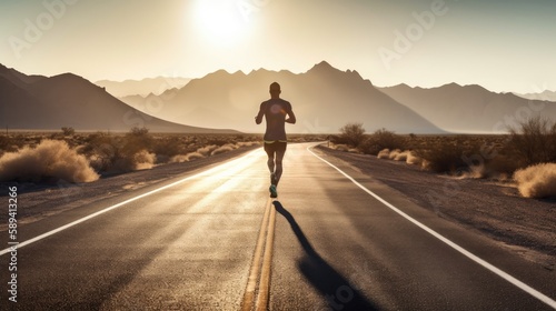 Athlete runner feet running on road towards a morning sunlight. Keep moving towards the goal. Being determined. Work out and wellness. AI generated © KikkyCNX