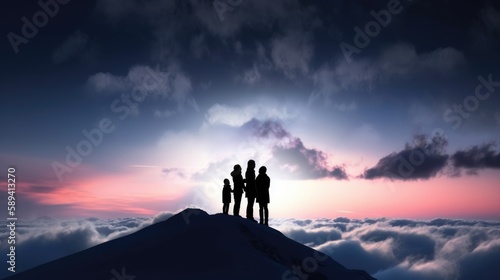 Silhouette of a family standing together on the top of mountain with a dusk sky and enjoys the moment of successful achievement, fulfillment, growth, overcoming, and success.