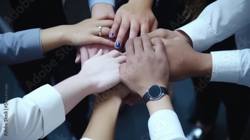 High Angle View Of Multiracial collegues Stacking Hand Together. Unity  teamwork  support  and collaboration.