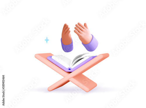 3d muslim icon. Rehal and open quran, prayer hand. Ramadan design element. Vector cartoon illustration