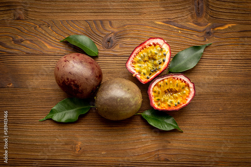 Set of whole and half of fresh passion fruit - marakuya photo