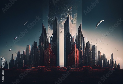 gloomy skyscrapers of city in distant future with space background digital illustration  generative ai