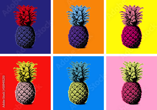 Pineapple Vector illustration Set. Exotic Tropical Fruit. Hand Drawn. Pop Art. Artificial Art