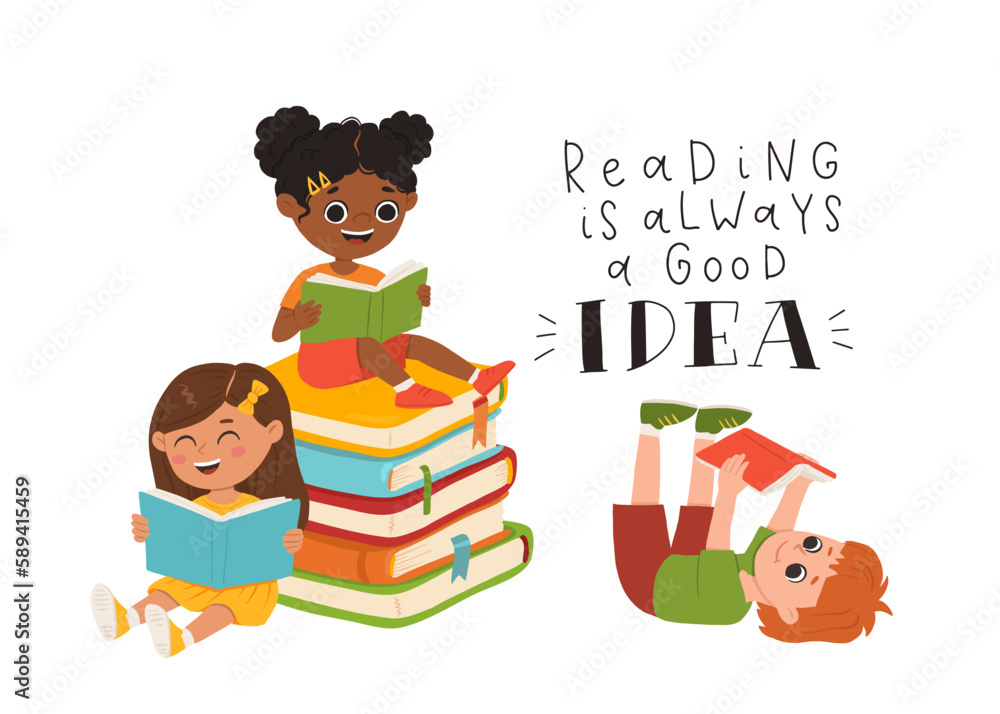 Vector set of cartoon children reading books. Multiracial kids in different poses with book and phrase Reading is always a good idea. Vector set of cartoon children reading books. Multiracial kids in different poses with book and phrase Reading is always a good idea.