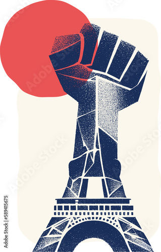 Eiffel tower turning into a fist symbolising the 2023 demonstrations about pensions in Paris