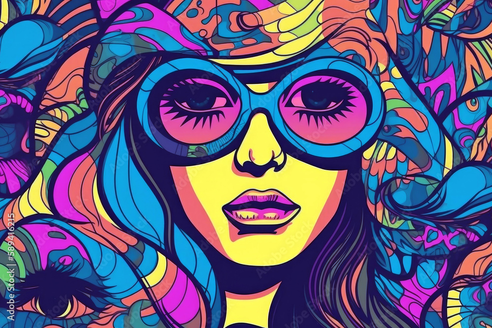 Retro Psychedelic Fashion Pattern with Woman's Face, generated AI