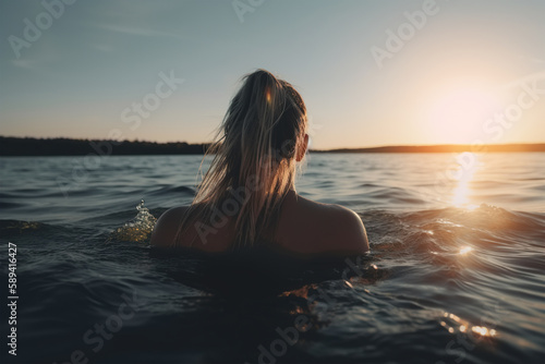 Lonely beautiful blonde woman swimming in lake  relaxing in water in nature at sunset  back view. Generative AI