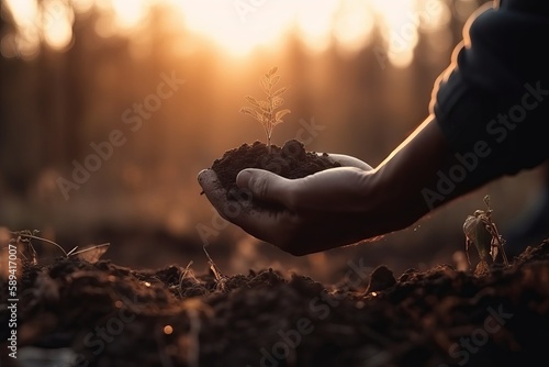 Hands gripping the ground where saplings grow. Save Earth. Generative Ai
