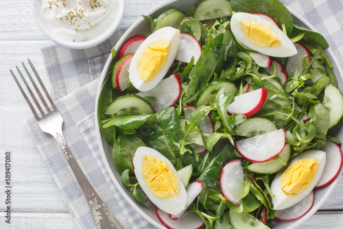 Spring vegetable salad with radish, cucumber, lettuce mix, spinach and eggs close-up in a plate on a wooden table closeup on the plate on the table. Horizontal top view from above photo