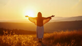 Happy woman standing with her back on sunset in nature iwith open hands. 