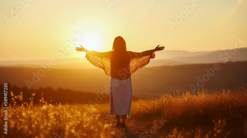 Happy woman standing with her back on sunset in nature iwith open hands.  photo