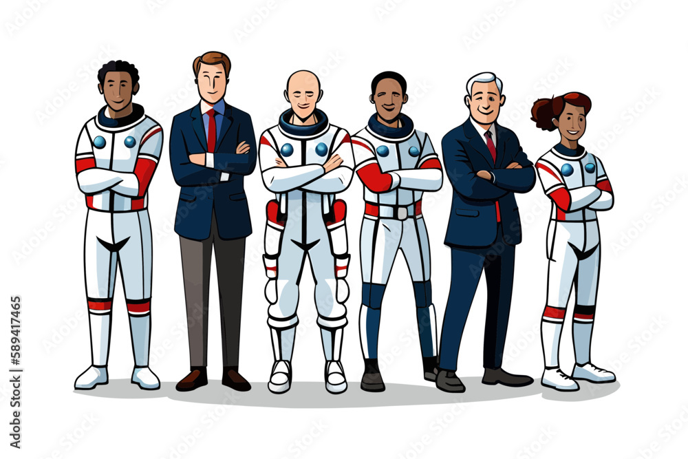 Group of Men and Woman Astronuts team and CEO of company standing isolated in white background , A Striking 2D Illustration of Astronuts team on a White Background Group of Men and Woman Astronuts team and CEO of company standing isolated in white background , A Striking 2D Illustration of Astronuts team on a White Background