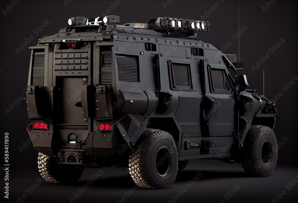 Rear corner view 3D rendering of an armoured police SWAT vehicle isolated on transparent background. Generative AI
