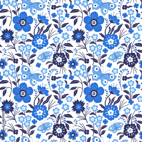 White background with blue flowers and butterflies. Decorative seamless pattern for wrapping paper  wallpaper  textiles  greeting cards and invitations.