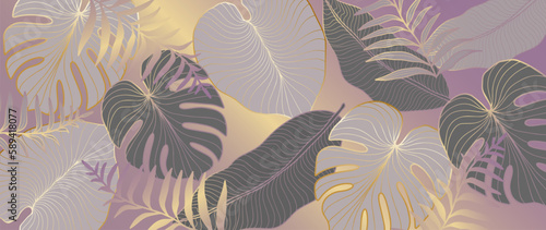 Vector luxury tropical illustration with golden palm leaves, banana leaves, monstera and fern for decor, covers, backgrounds, wallpapers