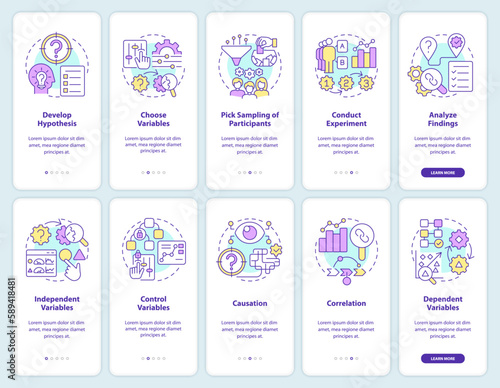 Causal research onboarding mobile app screens set. Business analytics. Walkthrough 5 steps editable graphic instructions with linear concepts. UI, UX, GUI template. Myriad Pro-Bold, Regular fonts used