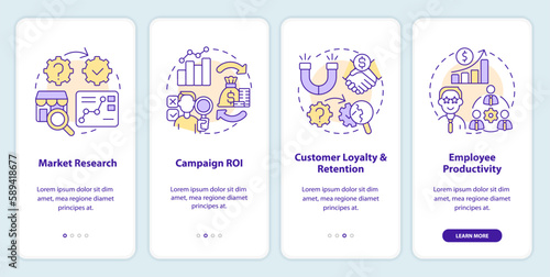 Causal research examples onboarding mobile app screen. Walkthrough 4 steps editable graphic instructions with linear concepts. UI, UX, GUI template. Myriad Pro-Bold, Regular fonts used