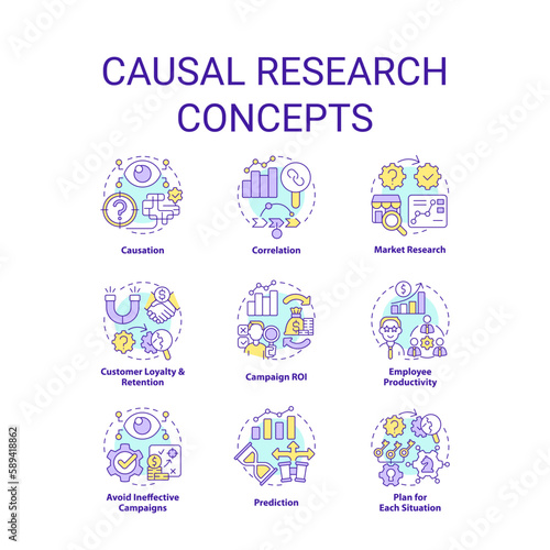 Causal research concept icons set. Study market for business development idea thin line color illustrations. Isolated symbols. Editable stroke. Roboto-Medium, Myriad Pro-Bold fonts used