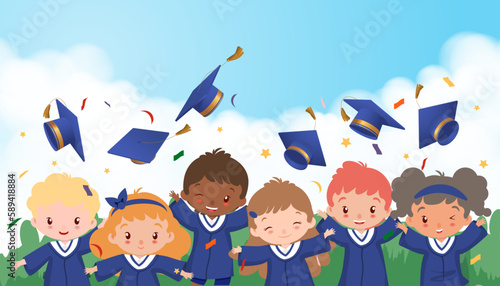 Happy people throwing graduation caps upwards on blue sky, white clouds and green grass