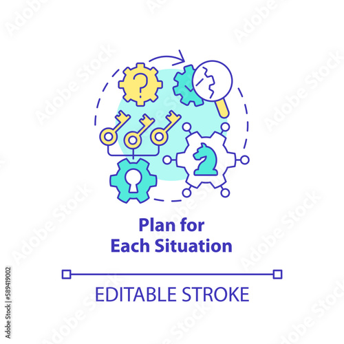 Plan for each situation concept icon. Business security. Causal research benefit abstract idea thin line illustration. Isolated outline drawing. Editable stroke. Arial, Myriad Pro-Bold fonts used