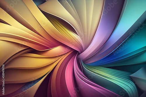 A vibrant artwork with an abstract geometric design of curves and shapes in bright, creative colors. A smooth gradient texture flows throughout the background to create an elegant look.