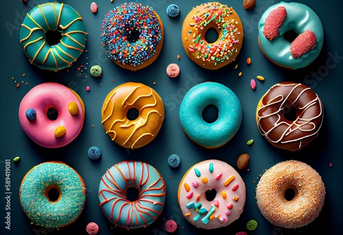 Delicous and colorful donuts of differents flavors. Ai generative. Generative AI