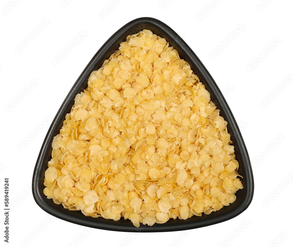 Millet flakes in porcelain bowl isolated on white, top view Millet flakes in porcelain bowl isolated on white, top view