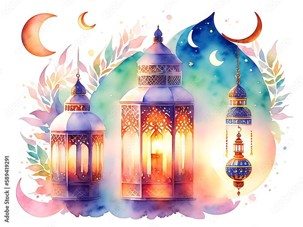Beautiful Arabian Lantern pastel watercolor illustration on white background. Suitable for Islamic events Eid Al Fitr, Eid Al Adha, Ramadan, Islamic New Year, Mawlid, Isra Miraj. Generative AI