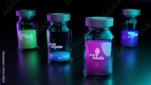 frascos de hormonas, oxitocina, endorfina, dopamina, serotonina con fondo oscuro photo
