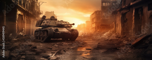 Apocalyptic War: Tank Crossing through Rubble and Fire in Ruined City. Copy Space. Generative AI