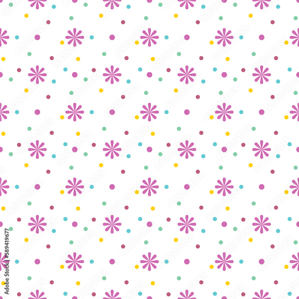 Pink flowers among small colorful circle dots on a white background which is a seamless pattern that looks cute and bright. Pink flowers among small colorful circle dots on a white background which is a seamless pattern that looks cute and bright.
