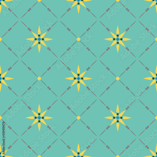 This is a  seamless pattern with yellow geometric flowers on a green background with diagonal grid of gray lines. Make it feel unique, new and interesting.