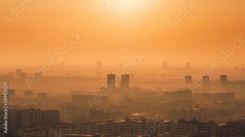  Air Pollution  City Covered in Smog and Fine Dust PM2.5 with Orange Sunrise Sky  AI Generated 