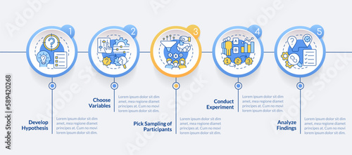 How to conduct causal research circle infographic template. Data visualization with 5 steps. Editable timeline info chart. Workflow layout with line icons. Lato-Bold, Regular fonts used