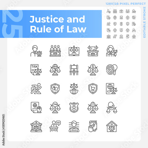 Justice and rule of law pixel perfect linear icons set. Government system of regulation. Legislative norms. Customizable thin line symbols. Isolated vector outline illustrations. Editable stroke